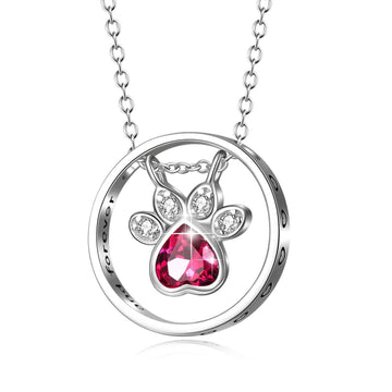 Monica Fine Fashion Jewelry-Necklace Red CZ Sterling Silver Paw Print Necklace - Pet Jewelry for Pet Lovers